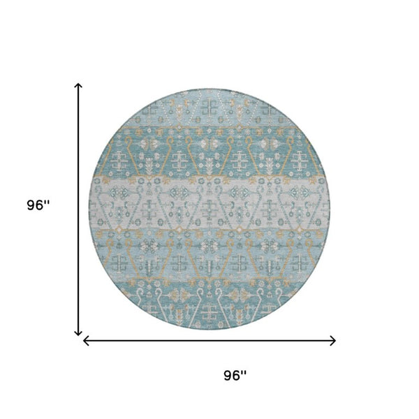 8 Ft Round Oriental Polyester Area Rug Teal Silver Washable for Indoor Outdoor