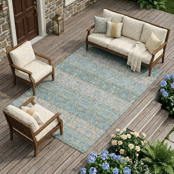 8 X 10 Oriental Teal Silver Polyester Rug Stain Resistant Indoor Outdoor Use