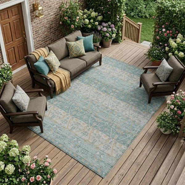10 Ft X 14 Ft Teal Silver Oriental Polyester Rug Washable for Indoor Outdoor Use