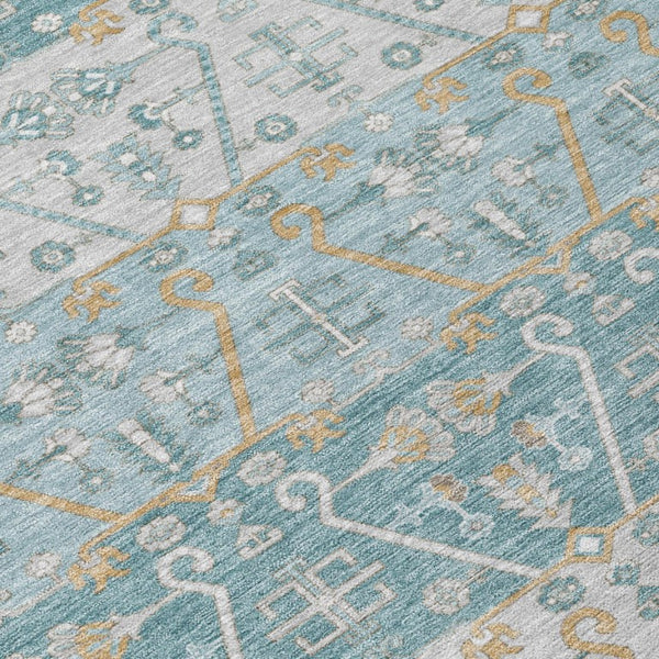 10 Ft X 14 Ft Teal Silver Oriental Polyester Rug Washable for Indoor Outdoor Use