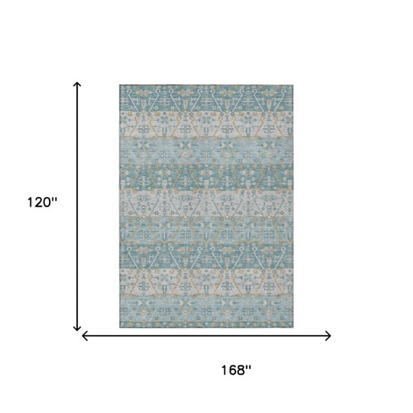 10 Ft X 14 Ft Teal Silver Oriental Polyester Rug Washable for Indoor Outdoor Use