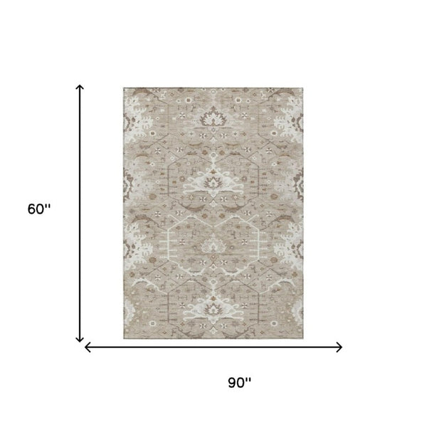 5 X 8 Beige Brown Oriental Polyester Area Rug Stain Resistant Indoor Outdoor Use