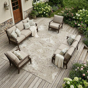 8x10 Beige Brown Oriental Polyester Area Rug Stain Resistant for Patio or Living Room