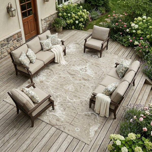 8x10 Beige Brown Oriental Polyester Area Rug Stain Resistant for Patio or Living Room