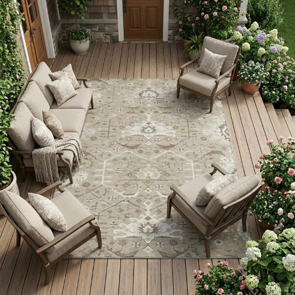 9 X 12 Beige Brown Oriental Polyester Area Rug Washable for Patio or Living Room