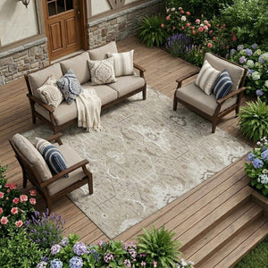 10 X 14 Oriental Beige Brown Polyester Area Rug Stain Resistant Indoor Outdoor