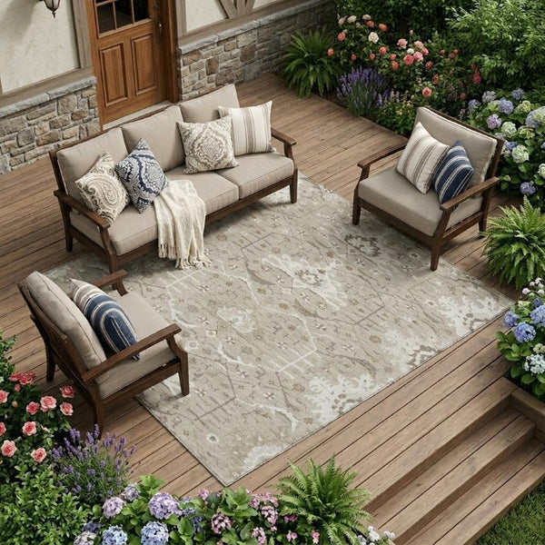 10 X 14 Oriental Beige Brown Polyester Area Rug Stain Resistant Indoor Outdoor