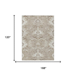 10 X 14 Oriental Beige Brown Polyester Area Rug Stain Resistant Indoor Outdoor