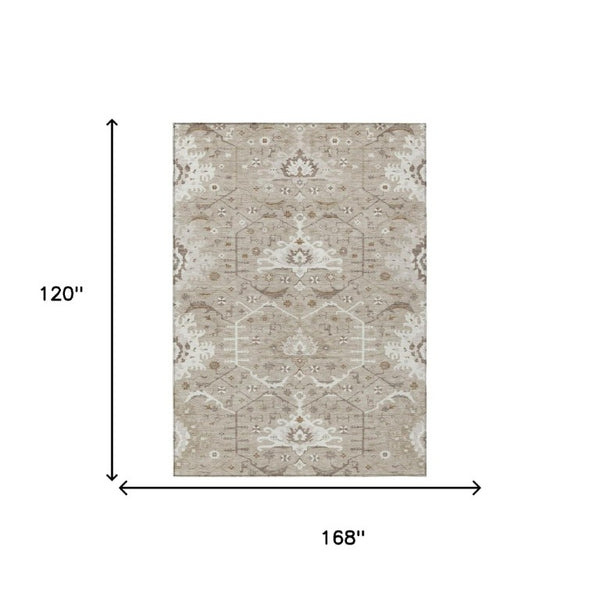 10 X 14 Oriental Beige Brown Polyester Area Rug Stain Resistant Indoor Outdoor