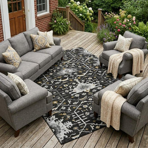 9x12 Oriental Polyester Area Rug Stain Resistant Indoor Outdoor Black Graphite