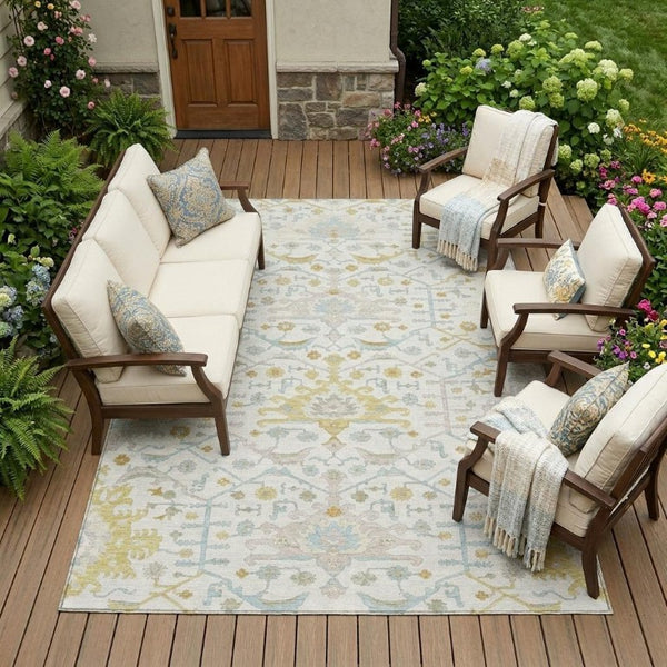 9x12 Ivory Linen Oriental Polyester Area Rug Washable Stain Resistant Indoor Outdoor