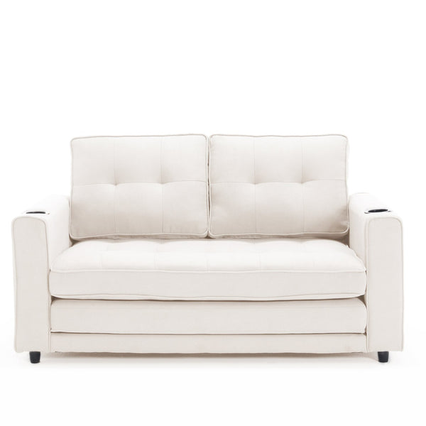 English Elm {VIDEO Modern 3-in-1 Upholstered Futon Sofa Convertible Bed with Tufted Foldable Loveseat, Beige, Storage Cups W2325P195865
