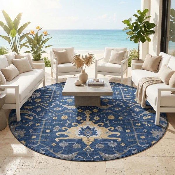 8 Foot Round Oriental Polyester Area Rug Navy Geometric Washable Indoor Outdoor