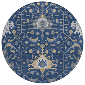 HomeRoots 8 Foot Round Oriental Polyester Area Rug Navy Geometric Washable Indoor Outdoor 744973