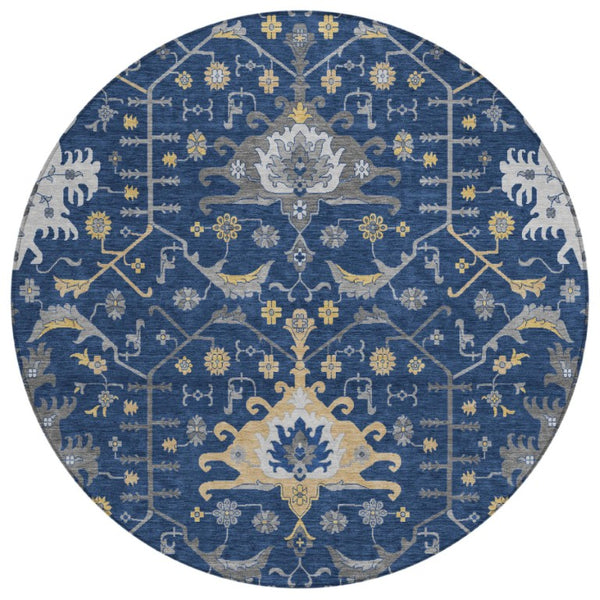 HomeRoots 8 Foot Round Oriental Polyester Area Rug Navy Geometric Washable Indoor Outdoor 744973