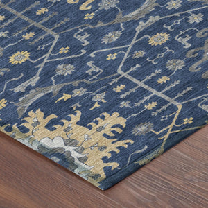 8 Foot Round Oriental Polyester Area Rug Navy Geometric Washable Indoor Outdoor