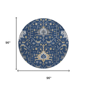 8 Foot Round Oriental Polyester Area Rug Navy Geometric Washable Indoor Outdoor