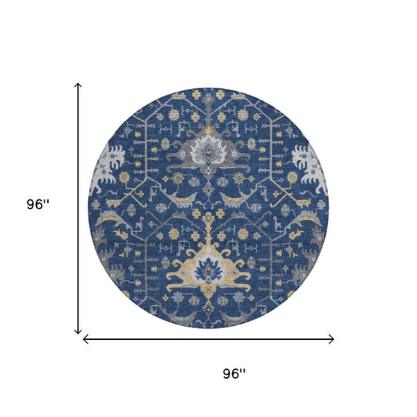 8 Foot Round Oriental Polyester Area Rug Navy Geometric Washable Indoor Outdoor