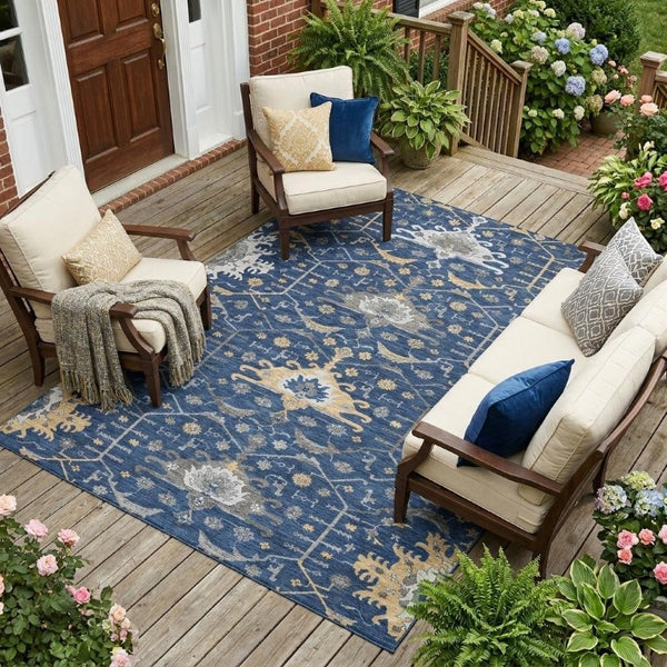 8 X 10 Navy Oriental Polyester Area Rug Stain Resistant for Patio or Living Room