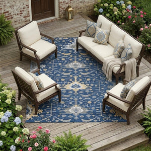 10 X 14 Navy Oriental Polyester Area Rug Stain Resistant Indoor Outdoor Living