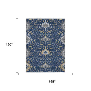 10 X 14 Navy Oriental Polyester Area Rug Stain Resistant Indoor Outdoor Living