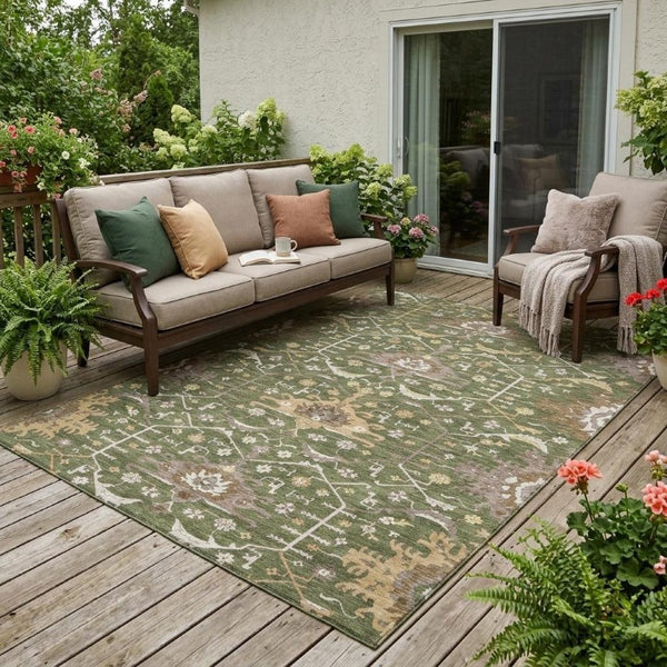 5 X 8 Olive Oriental Polyester Area Rug Washable for Indoor Outdoor Patios
