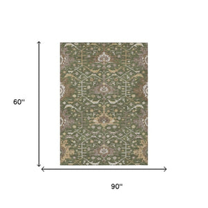 5 X 8 Olive Oriental Polyester Area Rug Washable for Indoor Outdoor Patios