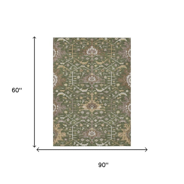 5 X 8 Olive Oriental Polyester Area Rug Washable for Indoor Outdoor Patios