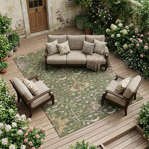 8x10 Olive Green Oriental Polyester Area Rug Washable for Indoor Outdoor Spaces