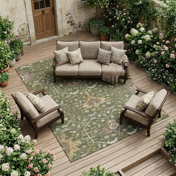 8x10 Olive Green Oriental Polyester Area Rug Washable for Indoor Outdoor Spaces