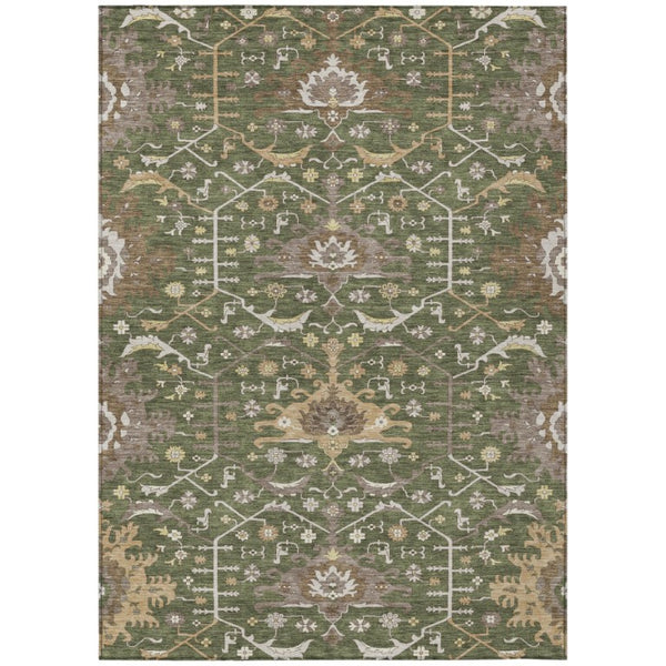 HomeRoots 8x10 Olive Green Oriental Polyester Area Rug Washable for Indoor Outdoor Spaces 744980