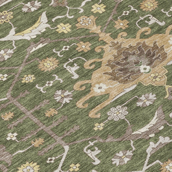 8x10 Olive Green Oriental Polyester Area Rug Washable for Indoor Outdoor Spaces