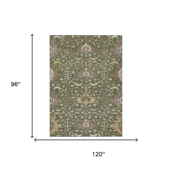 8x10 Olive Green Oriental Polyester Area Rug Washable for Indoor Outdoor Spaces