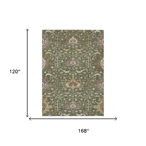 10 X 14 Olive Green Oriental Polyester Area Rug Washable for Patio or Living Room