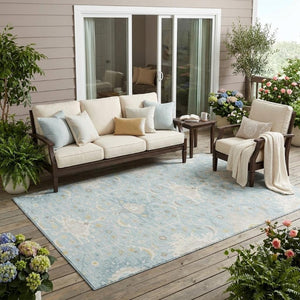 5 X 8 Sky Blue Oriental Polyester Area Rug Washable Indoor Outdoor Stain Resistant