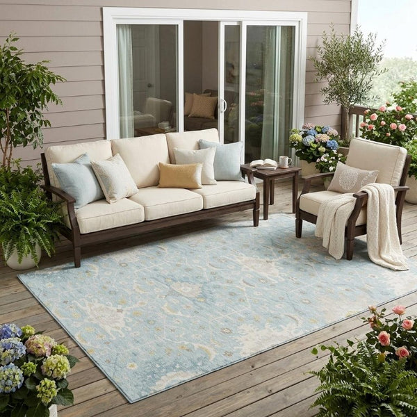 5 X 8 Sky Blue Oriental Polyester Area Rug Washable Indoor Outdoor Stain Resistant