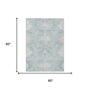 5 X 8 Sky Blue Oriental Polyester Area Rug Washable Indoor Outdoor Stain Resistant