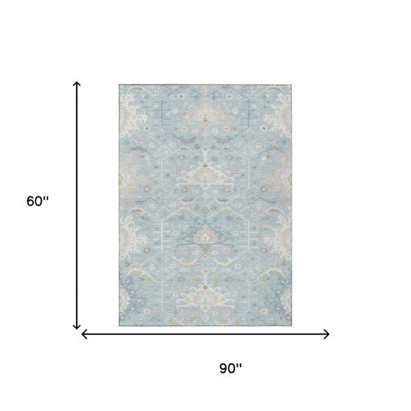5 X 8 Sky Blue Oriental Polyester Area Rug Washable Indoor Outdoor Stain Resistant
