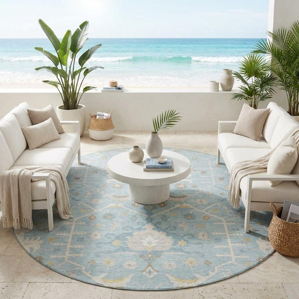 8 Foot Round Oriental Geometric Polyester Rug Stain Resistant Indoor Outdoor Blue