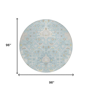 8 Foot Round Oriental Geometric Polyester Rug Stain Resistant Indoor Outdoor Blue