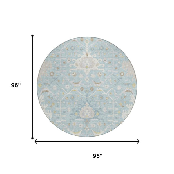 8 Foot Round Oriental Geometric Polyester Rug Stain Resistant Indoor Outdoor Blue