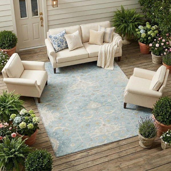 8x10 Sky Blue Oriental Polyester Area Rug Washable Stain Resistant Indoor Outdoor