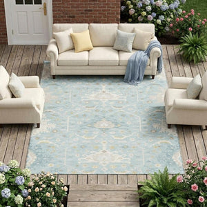 9x12 Sky Blue Oriental Polyester Area Rug Stain Resistant for Indoor Outdoor Use