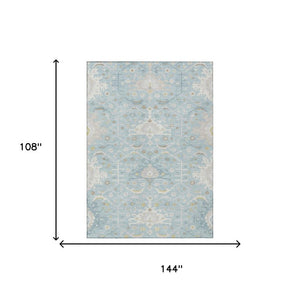 9x12 Sky Blue Oriental Polyester Area Rug Stain Resistant for Indoor Outdoor Use