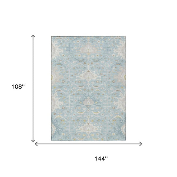 9x12 Sky Blue Oriental Polyester Area Rug Stain Resistant for Indoor Outdoor Use