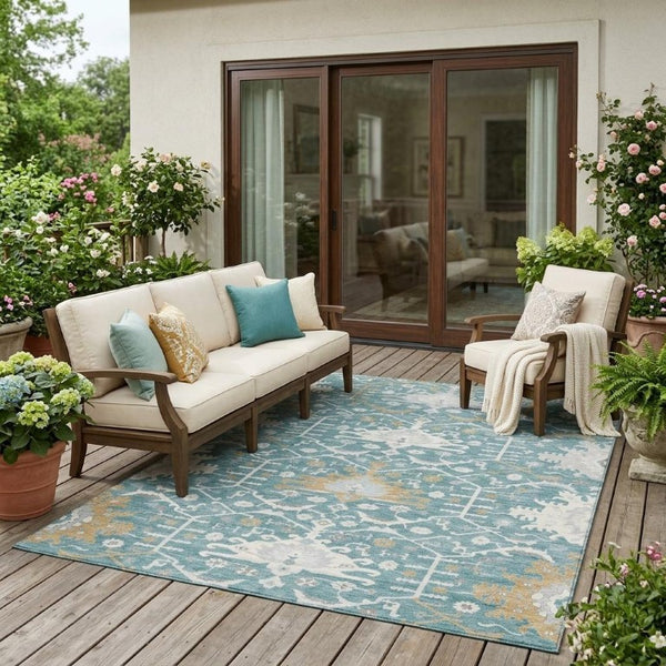 5 X 8 Teal Silver Oriental Polyester Area Rug Washable for Indoor Outdoor Use