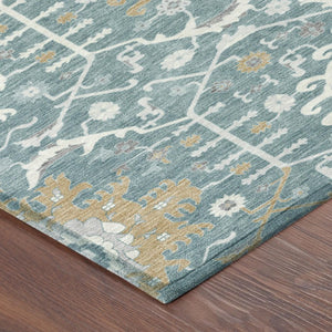 5 X 8 Teal Silver Oriental Polyester Area Rug Washable for Indoor Outdoor Use