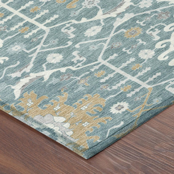 5 X 8 Teal Silver Oriental Polyester Area Rug Washable for Indoor Outdoor Use