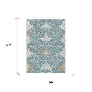 5 X 8 Teal Silver Oriental Polyester Area Rug Washable for Indoor Outdoor Use