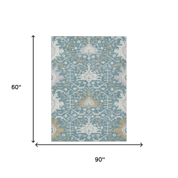 5 X 8 Teal Silver Oriental Polyester Area Rug Washable for Indoor Outdoor Use